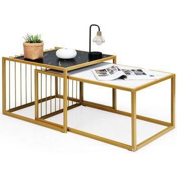Mesa De Centro Costway Cuadrada (juego De 2 - Metal - Dorado)