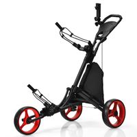 costway carro de golf de empuje con 3 ruedas carrito de golf plegable mando altura regulable con portavaso marcador rojo