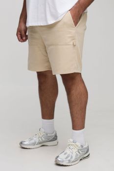 Plus Elasticated Waist Relaxed Fit Carpenter Shorts, Beige