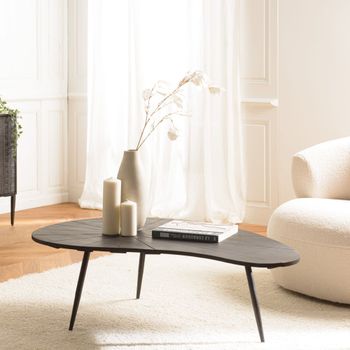Mesa de centro ovalada con tablero negro mate y patas de hierro negro