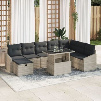 Conjunto De Sofá De Jardín De 9 Piezas Con Cojines Gris Claro De Poliratán V3109 Unico / Gris