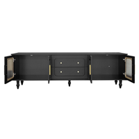 mueble tv retro negro 175 cm con puertas de cristal estriado y tiradores dorados madera