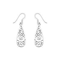 Silver Cut Out Teardrop Hook Wire Earrings - 38mm drop - F0565