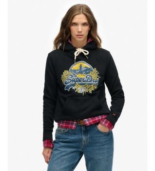 Superdry para mujer. W2012535A Sudadera con capucha Floral negro (S), Casual, Algodón, Manga larga