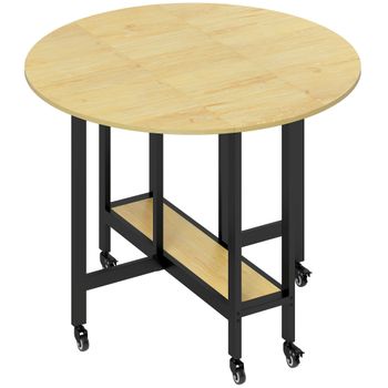 HOMCOM Mesa de comedor plegable con ruedas, mesa de cocina para 4 personas con estantería integrada, 100 x 100 x 75 cm, roble   Aosom España