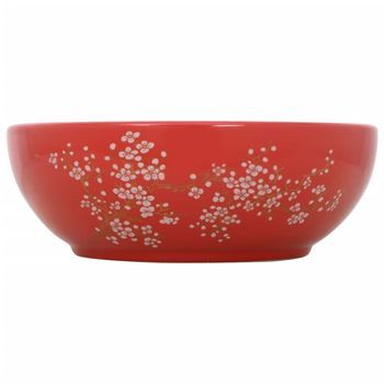 Lavabo De Baño Moderno | Lavabo Sobre Encimera Redondo Cerámica Blanco Y Rojo Φ41x14 Cm