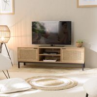 mueble tv de 2 puertas de rejilla natural y patas de metal negro