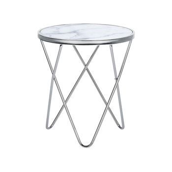 Mesa Auxiliar Tablero De Cristal Templado Con Efecto Mármol Blanco Patas De Horquilla De Metal Plateado Forma Redonda Meridian Ii