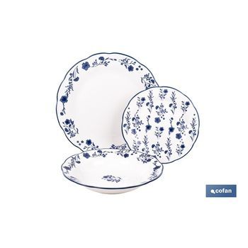 Vajilla De Porcelana Con Flores Azules | Set De 18 Piezas | Adecuado Para 6 Personas | Apta Para Lavavajillas, Microondas Y Horno