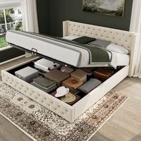 cama doble tapizada terciopelo beige 160x200 cm cabecera orejas doble fila clavos costura botones almacenamiento hidraulico