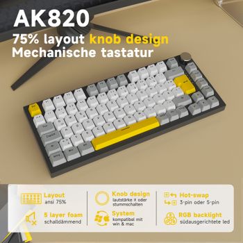 Teclado Mecánico para Juegos Ajazz AK820 75% con Cable y Perilla de Volumen - LED Orientado al Sur