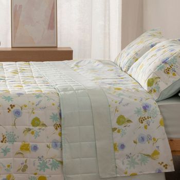 Colcha Boutí Microfibra Floral Acuarela Cama De 90 Cm Color Verde Burrito Blanco