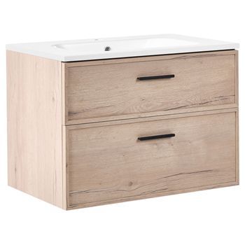 Mueble De Baño Suspendido Con Lavabo Frente De Mdf 2 Cajones 80 X 46 Cm Marrón Claro Yelcho