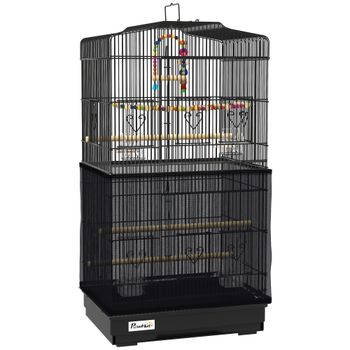 PawHut Jaula para pájaros con asa, bandeja extraíble, posaderos de madera, columpio y cuencos, 46.5x35.5x92cm, Negro   Aosom España