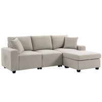 homcom sofa esquinero 3 plazas en tejido efecto lino con compartimento pouf extraible 2 cojines beige