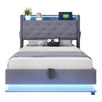Cama Tapizada De 90 X 200 Cm Con Luces Y Puerto Usb, Hidráulica, Individual, Gris.