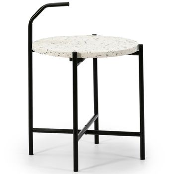 Mesa auxiliar redonda de terrazo blanco y patas de metal negro
