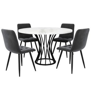 Conjunto Mesa De Cocina, Juego De Comedor 5 Piezas Con Sillas De Comedor Terciopelo Gris, Mesa Efecto Mármol Blanco, Mesa De Cocina Redonda 80 Cm, Metal Y Mdf.