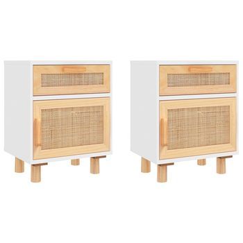 Mesitas De Noche 2 Uds Madera Maciza Pino Blanco Ratán Natural Vidaxl