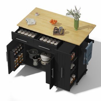 Isla De Cocina Negra Con Ruedas, Tablero Extensible Y Organizador Extraíble, Madera Y Metal, 120x40x90 Cm