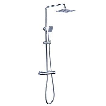 Kibath Columna De Ducha Extralarga Termostático Tacto Frío | Altura Regulable 100-150 Cm | Latón Macizo Cromo Brillo | Diseño Cuadrado Con Rociador Efecto Lluvia Y Alcachofa | Ideal Techos Altos