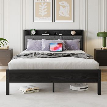 Cama 140x200 Cm Led + Usb, Lamas Metálicas Reforzadas, Silenciosa, Sin Somier De Muelles