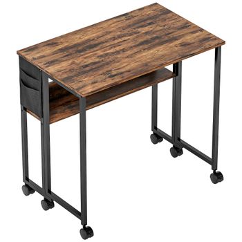 HOMCOM Escritorio plegable con ruedas 80 x 50 cm con estantería y bolsa de almacenaje, marrón rústico   Aosom España