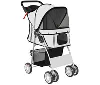 pawhut carrito para perros gatos plegable hasta 10 kg cochecito para perros pequenos con ruedas de eva y frenos cesta de almacenaje ventanas de malla portavasos cojin lavable 77x44x102 cm gris