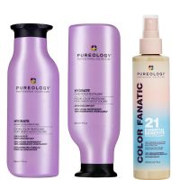 pureology hydrate shampoo conditioner and color fanatic multi-benefit leave-in moisturising bundle for dry hair