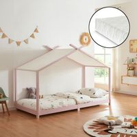 cama para ninos brome forma casita con colchon y techo pino 90x200cm - rosa y blanco encasa