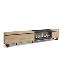 mueble tv  television  muebles de salon almacenaje  288x57x35 cm  para tv gran formato  chimenea electrica xxl  diseno industrial  estilo moderno  roble y negro