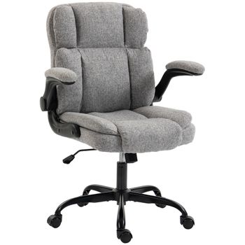 HOMCOM Silla de Oficina Giratoria con Reposabrazos Abatibles Altura Regulable Función de Balanceo en Tejido Efecto Lino Gris   Aosom España