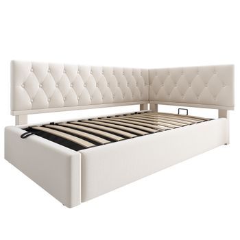 Cama Tapizada 90x200 Cm - Sofá Cama Con Almacenamiento - Estructura Juvenil - Terciopelo - Beige - Sin Colchón