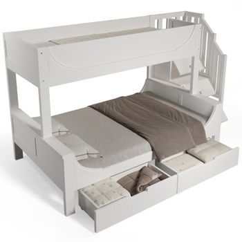 Litera Infantil Blanca Con Cajones Y Escalera, Cama Litera 90x200 Y 140x200, Madera Maciza