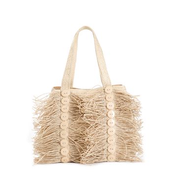bolso shopping de rafia con flecos y botones decorativos natural