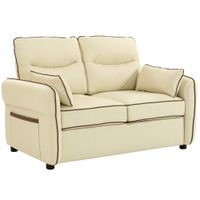 homcom sofa 2 plazas en piel sintetica con acolchado grueso bolsillo lateral y 2 cojines 136x81x90 cm beige   aosom espana