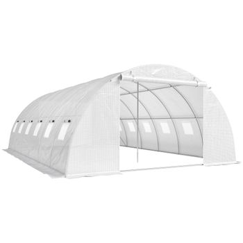 Outsunny Invernadero de Túnel con 2 Varillas de Soporte 2 Puertas Enrollables y Ventanas de Malla Cubierta de PE Anti-UV Blanco