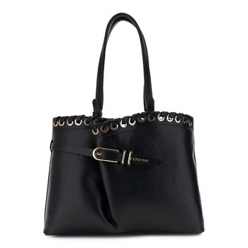 bolso shopping efecto piel con pliegue en la parte delantera y hebilla black