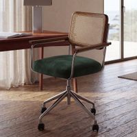 silla de escritorio giratoria de terciopelo verde y ratan