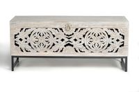 baul madera de mango y patas metal en blanco envejecido