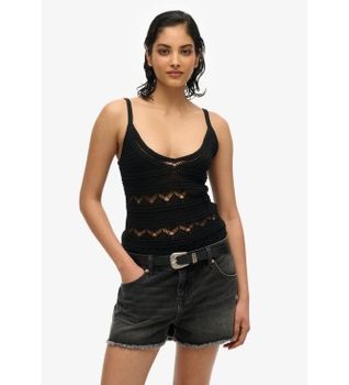 Superdry para mujer. W6012031A Top de crochet negro (XXS), Casual, Algodón, Sin mangas / Tirantes