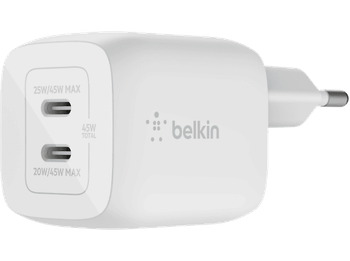 Cargador móvil - Belkin BoostCharge Pro, USB-C, 45 W, Carga Rápida, Tecnología GaN, Blanco