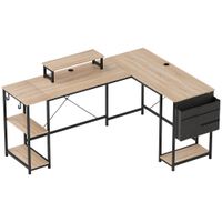 homcom escritorio esquinero reversible en l largo 168-240 cm industrial con soporte monitor y cpu estanteria bolsillo natural