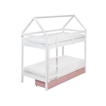 Litera De Madera De Pino Dormitorio Infantil En Forma De Casa Con Cajones Rosa Blanco 90 X 200 Cm Ternas