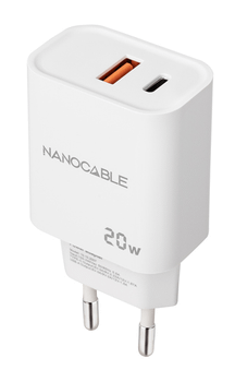 CARGADOR USB PARED NANO CABLE USB-C/PD + USB-A/QC 20W BLANCO