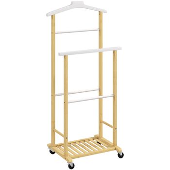 HOMCOM Galán de Noche Bambú con Ruedas Percha Superior Barras para Pantalones y Balda Inferior para zapatos Natural y Blanco
