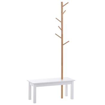 Perchero pie con banco 80x30x180 cm blanco y madera natural