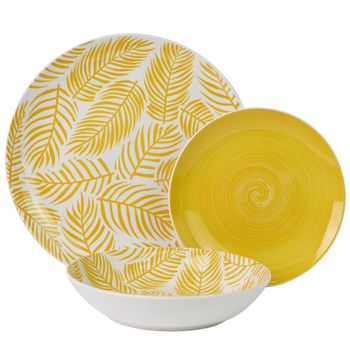 Vajilla 18 pzs porcelana amarillo hojas, plato llano: diam.27cm