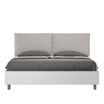 Cama Con Almacenaje 160x200 Fresno Blanco Cojines Cuero Sintético Gris Paloma Egos Antea