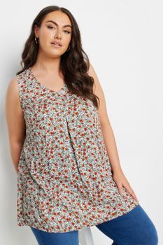 Yours Top Sin Mangas Con Vuelo De Flores Naranjas, Mujer Curvy Y Tallas Grandes, Yours